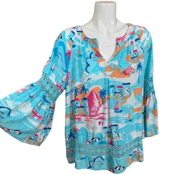 Crown & Ivy Belk Beach Print 3/4 Juliet Sleeves Crochet Inset Rayon Blouse XL - Picture 4 of 11
